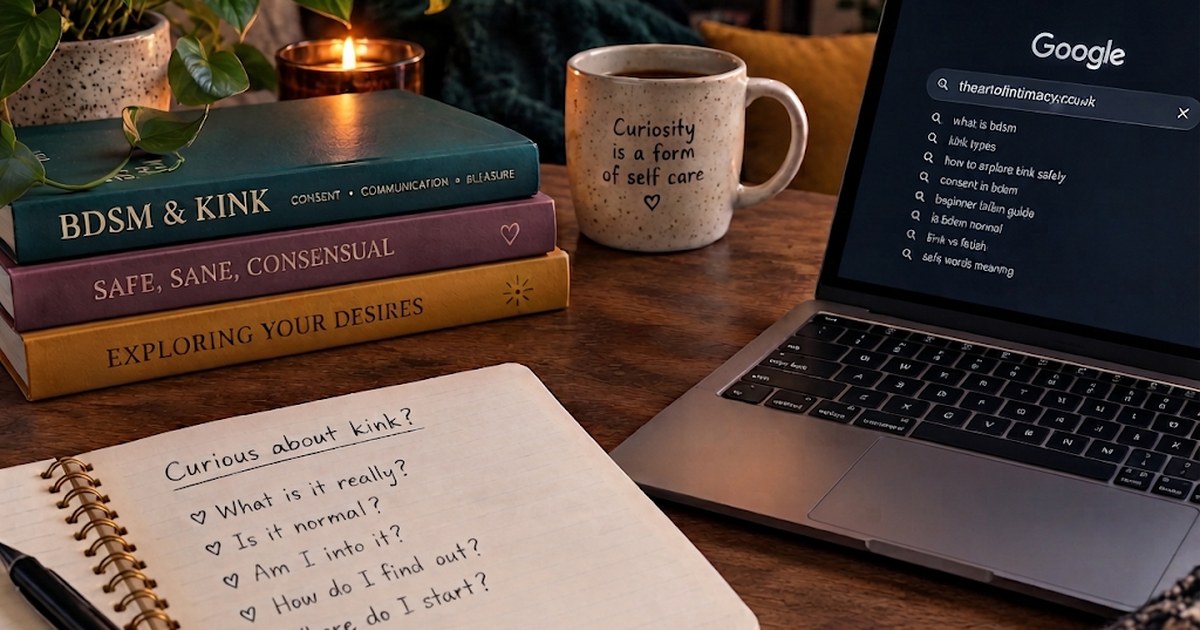 A handwritten notebook reading Curious about kink, beside books, a candle and a laptop showing a Google search
