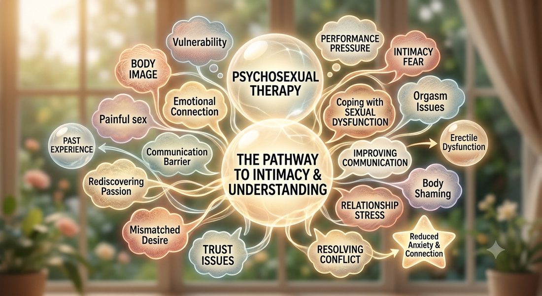Illustration mapping common psychosexual concerns such as mismatched desire, painful sex, performance pressure and body image towards a central pathway to intimacy and understanding